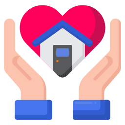 Cartoon hands holding a love heart with house inside