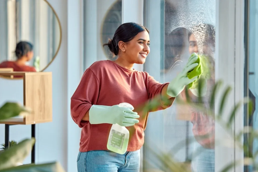 Woman smiling while cleaning the glass wall